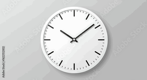 A white round clock with black hands indicating the time on a gray wall.