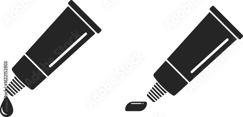 Black solid cosmetic symbol with lotion drop and gel squeeze, Cream tube icon