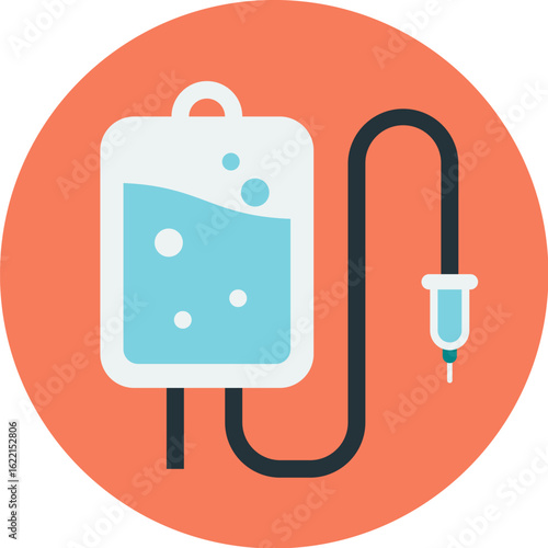 A stylized illustration of an intravenous fluid bag connected to a tube and needle.
