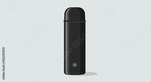 A sleek black thermos vacuum flask with a cap, isolated against a minimalist light grey background.