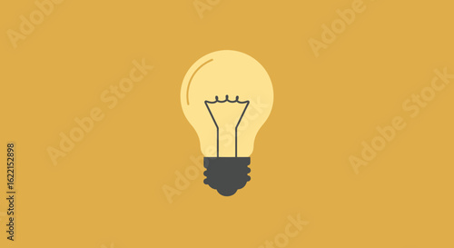 A flat design illustration of a glowing yellow light bulb, symbolizing an idea, creativity, and innovation against a solid mustard background.