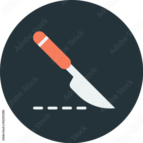 Surgical scalpel poised over a dotted incision line, a medical illustration.