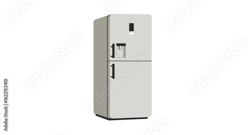 A modern, retro-style refrigerator with a top freezer and an external water and ice dispenser, isolated on a white background.