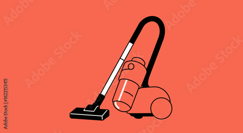 A modern, graphic illustration of a canister vacuum cleaner against a solid coral background.