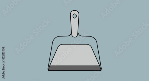 A simple, minimalist illustration of a grey household dustpan for sweeping and cleaning chores.