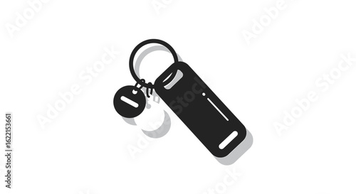 Simple black and white illustration of a keychain with a cylindrical object and a small round charm.