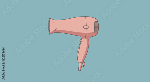 A simple illustration of a light pink hair dryer against a muted teal background.