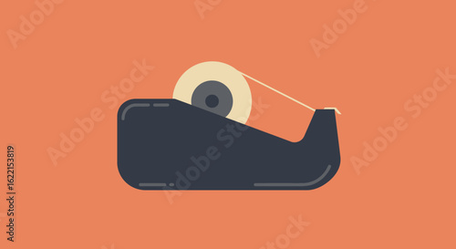 A flat illustration depicts a tape dispenser with a roll of tape on an orange background.