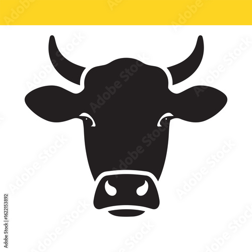 Iconic black silhouette of a cow head with horns, a graphic symbol representing agriculture, farming, and livestock.