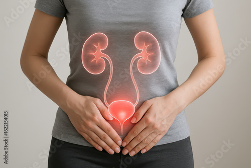 Urinary system anatomy medical scan concept with highlighted kidney and bladder showing health diagnosis and joint pain concept for medical x ray examination