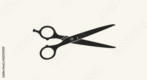 Silhouette of open scissors with finger holes and blades, isolated on a light background.