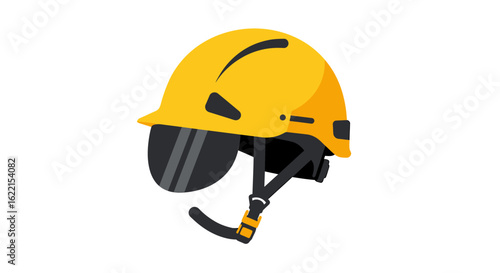 Yellow hard hat with attached face shield, safety equipment, construction, protection.