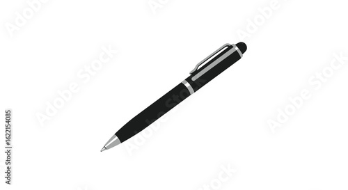 An elegant black retractable ballpoint pen with a silver clip and accents, isolated on a plain white background.