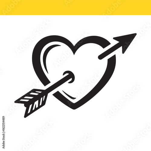 Monochromatic illustration of a classic love symbol, a heart shot through by an arrow representing passion and romance.
