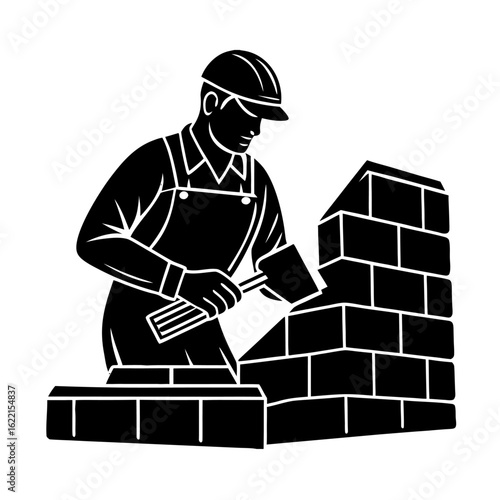 Bricklayer Silhouette Laying Bricks with Trowel Isolated Black Vector Illustration