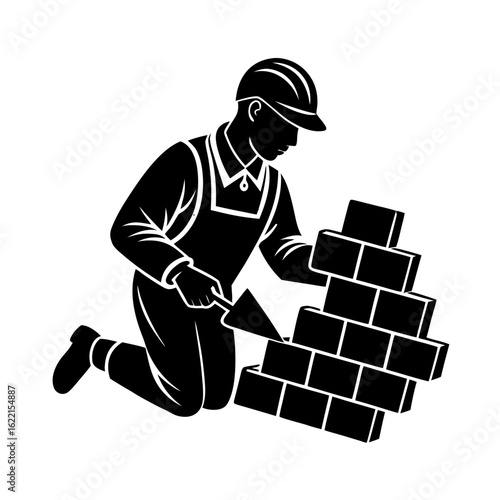 Bricklayer Silhouette Laying Bricks with Trowel Isolated Black Vector Illustration