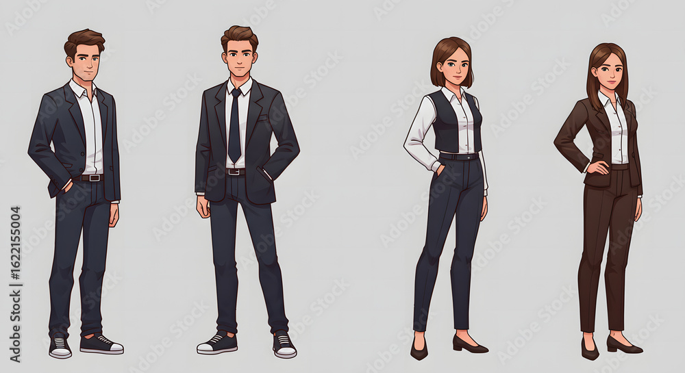 Obraz premium Flat-Style Business Character Vector Set — Diverse Professional Office Avatars for Corporate Animation, UI Design, and Explainer Videos in Clean Minimalist Style