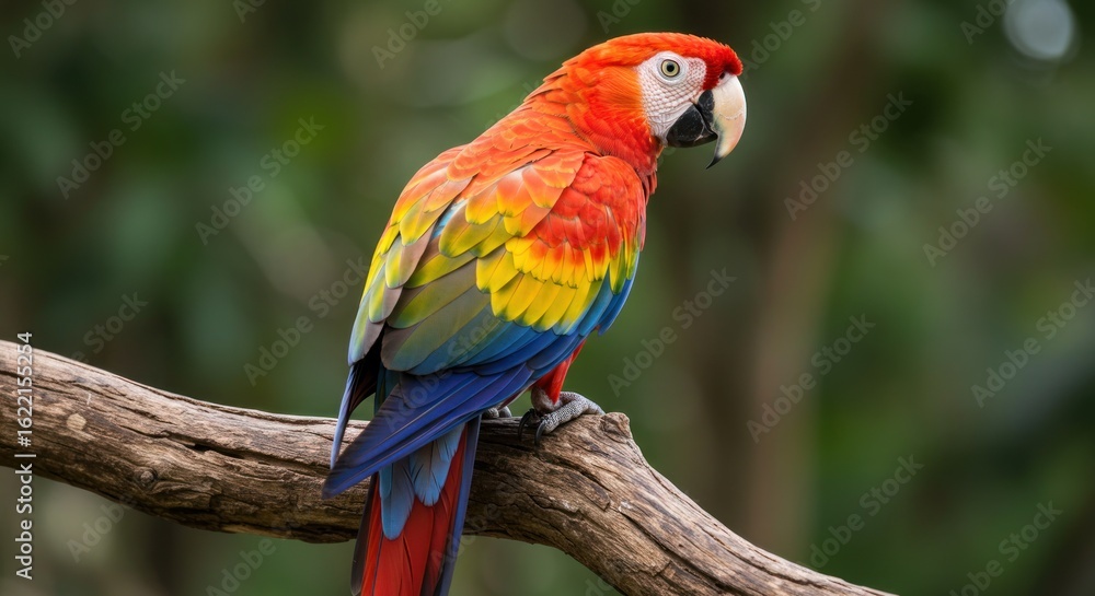 Fototapeta premium Vibrant Scarlet Macaw Perched on Weathered Branch, Lush Green Background