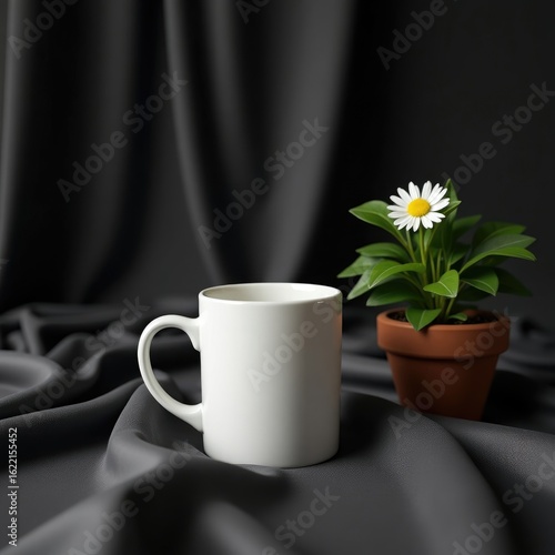 Wallpaper Mural Mug mockup  a white mug and a small potted daisy plant on a draped gray fabric background in a studio setting Torontodigital.ca