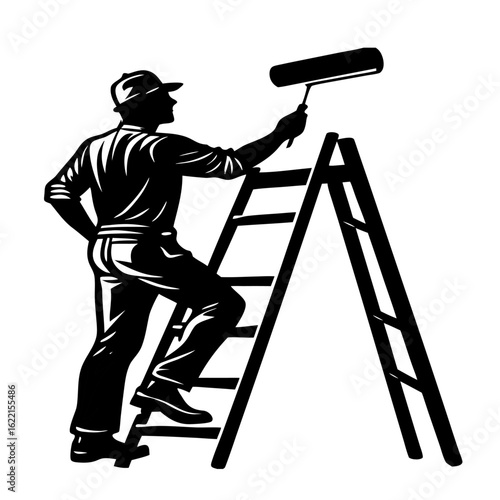 Painter Silhouette on Ladder with Roller Painting Wall Vector Illustration