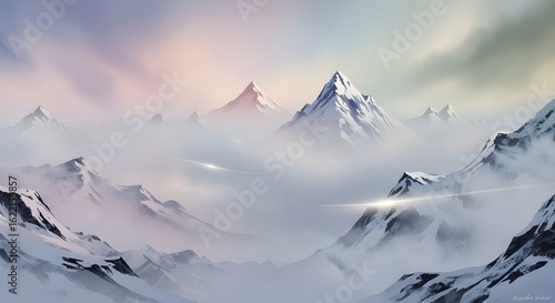 Abstract Snowy Mountains in Foggy Dreamscape