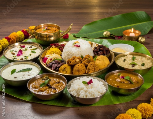 Traditional South Indian Festive Thali Meal Served on Banana Leaf with Marigold Garlands and Diya