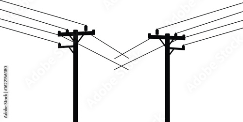 Black silhouette electric poles, straight power lines, vector illustration, white background, utility infrastructure, cable connection art, telecommunication elements, minimal style