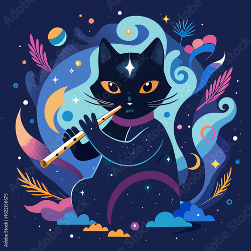 Vector image of a mystical black cat conjuring ethereal sound waves from a flute surrounded by stars and galaxies