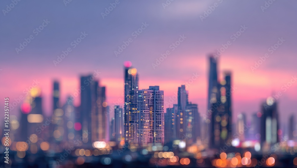 Fototapeta premium Blurred cityscape at dusk, soft colors