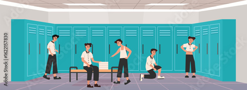 Athlete locker room. Gym changing room. Classmate. Changing clothes. Schoolboy. Man discussion. Sport education.