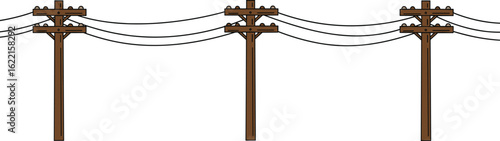 Wooden electric utility poles, power transmission lines vector, rural energy grid structure, cartoon style, isolated on white background, cable design illustration