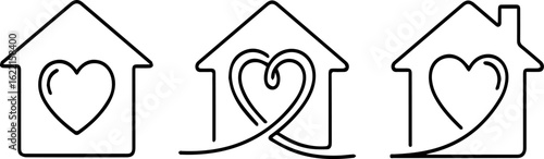 Home with Heart Line Art Icons Set | Minimalist Outline Design for Real Estate, Family, Charity and Love Concepts