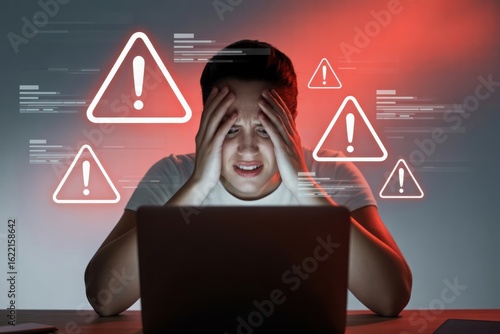 Stressed woman overwhelmed by cybersecurity threats and online risks on laptop, facing urgent warnings and system failures at night