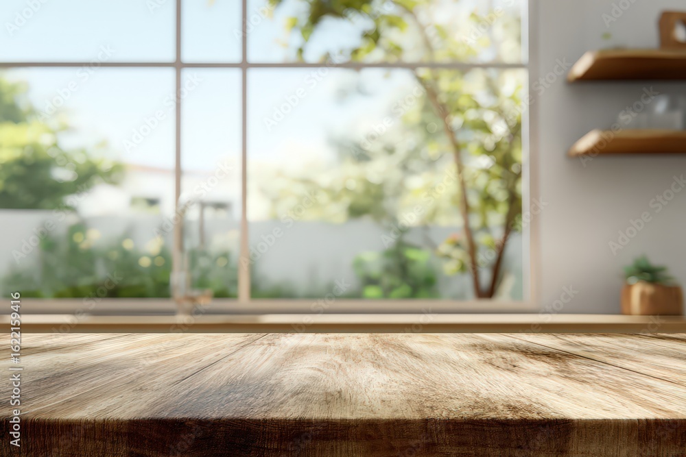 Empty Wooden Kitchen Countertop With Blurred Window View Empty Wooden Kitchen Countertop With Blurred Window View