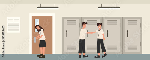 Student enter classroom. Student handshake. Student locker. School corridor. People communication. College student.