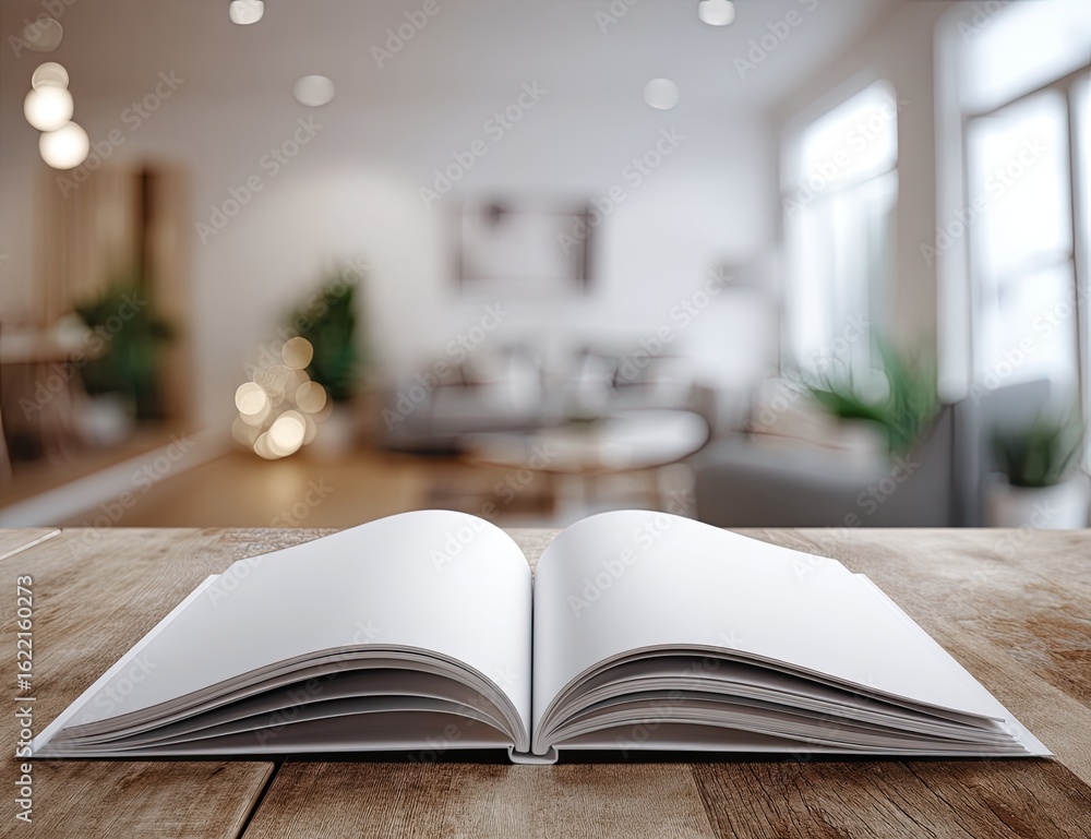 Open book on a wooden table, blurred home interior background Open book on a wooden table, blurred home interior background