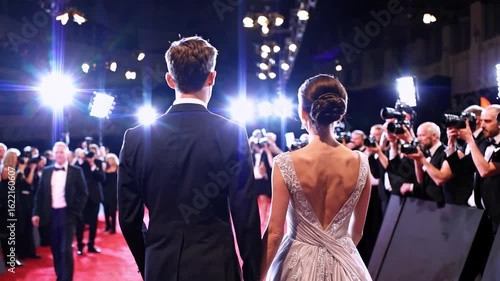 Elegant red carpet entrance: celebrities facing photographers at glamorous event
