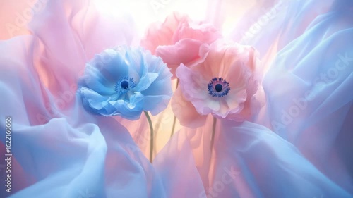 Soft pastel blue and pink flowers with delicate petals bloom gently, surrounded by soft flowing fabric, creating serene nature inspired floral composition full of beauty and calm