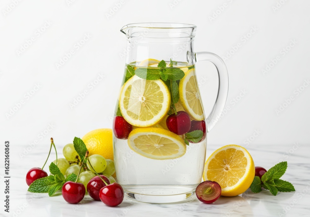 Fototapeta premium Refreshing Detox Infused Water with Lemon Cherry Mint and Grape in Pitcher
