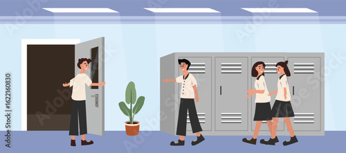 Student talking. Student break time. Student walking. Student activity. Classroom door. Students locker. Students enter class.