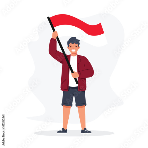 Vector illustration of a smiling young man holding and waving the Indonesian flag. Perfect for Independence Day, patriotism, and national pride themes