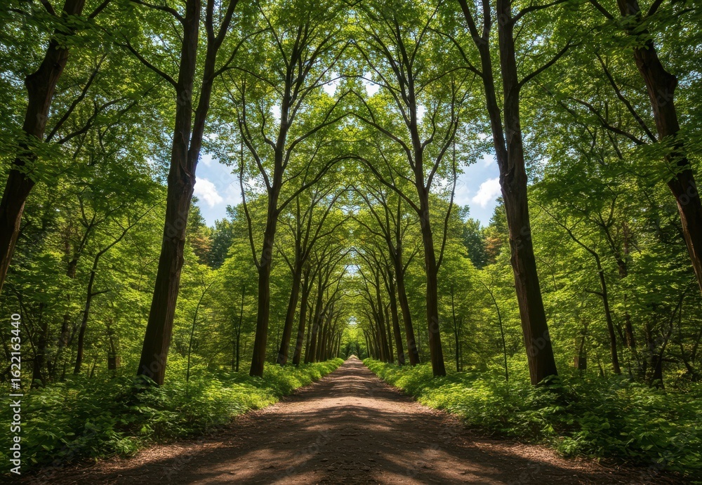 Fototapeta premium A symmetrical path through a lush green forest with tall trees forming an archway of foliage