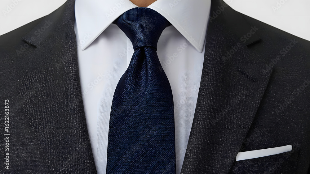 Close-up of a man in a suit, showcasing a navy blue tie and white pocket square. Close-up of a man in a suit, showcasing a navy blue tie and white pocket square.