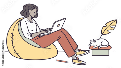 Woman Working on Laptop in Bean Bag Chair with Cat Minimalist Line Art Illustration