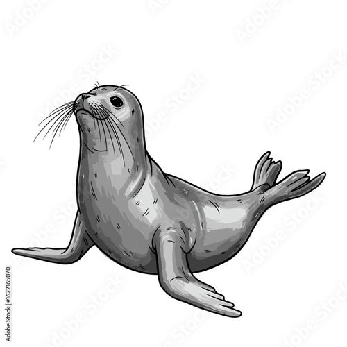Cartoon seal relaxing with outstretched flippers on white background  