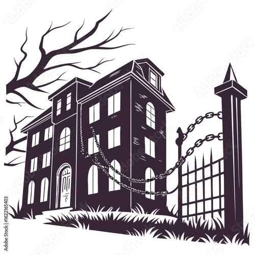 Illustration of a spooky haunted house with chains isolated on white background