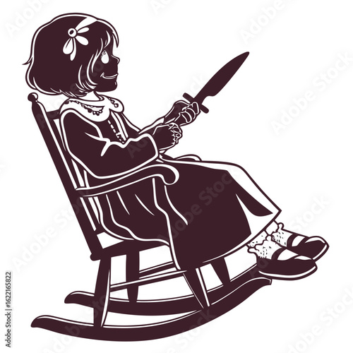 Creepy girl with knife sitting in rocking chair isolated on white background