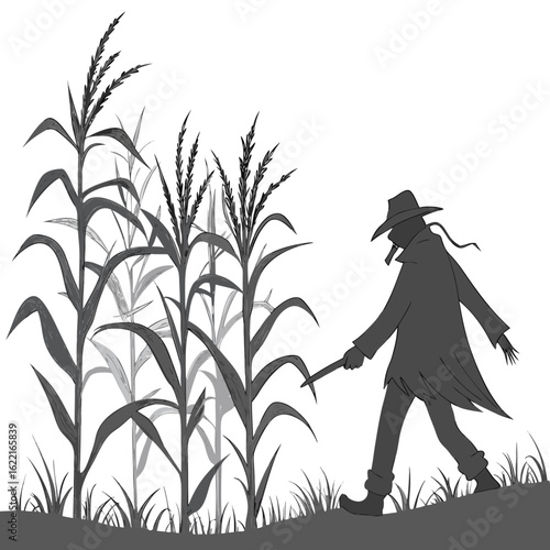 A scarecrow walking in a cornfield isolated on white background at halloween