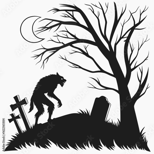 Silhouette of a werewolf in a cemetery under the moonlight isolated on white background