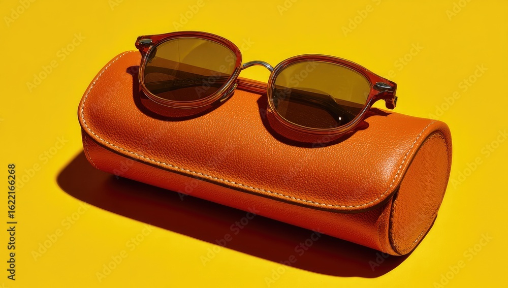 Stylish sunglasses in orange case on yellow backdrop Stylish sunglasses in orange case on yellow backdrop